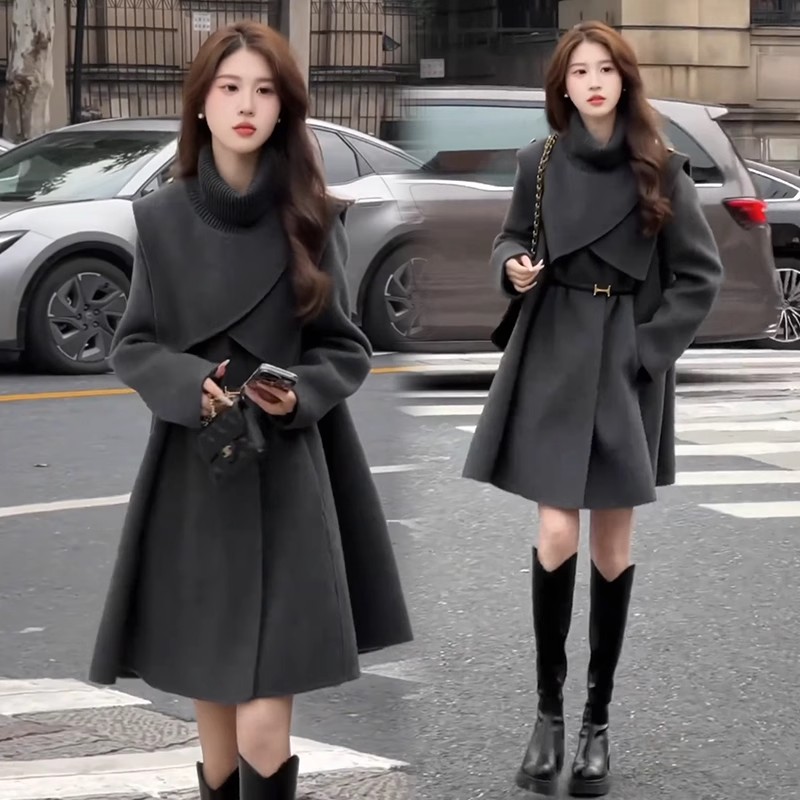 拉夏贝尔法式淑女可拆卸斗篷外套女2025秋冬新款洋气显瘦百搭外套