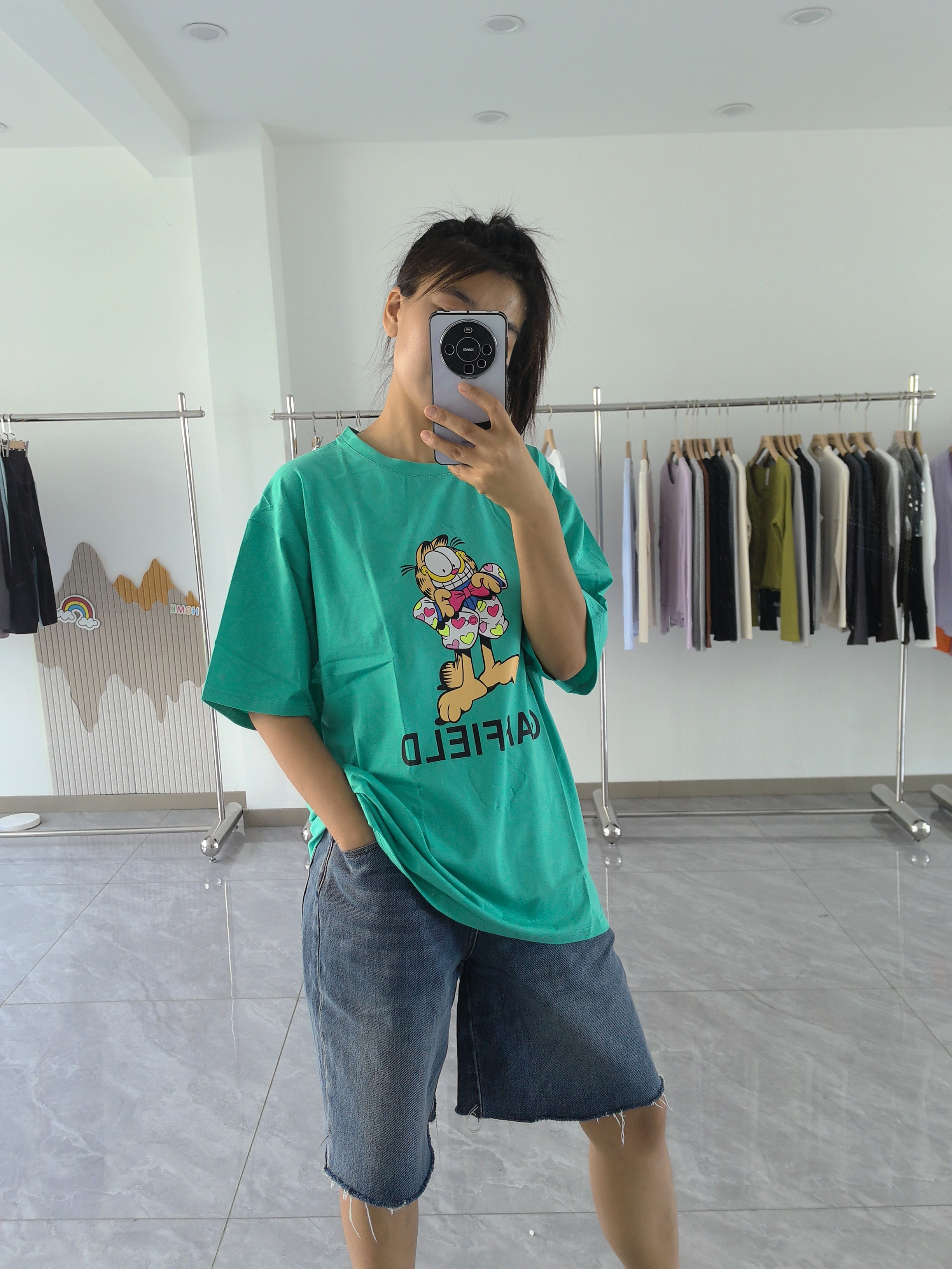 百分百棉印花短袖女士柔软T恤宽松半袖休闲风