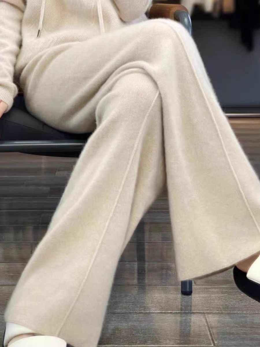 【时尚百搭】秋冬季新款100%纯羊毛显瘦阔腿裤气质休闲加厚针织长裤