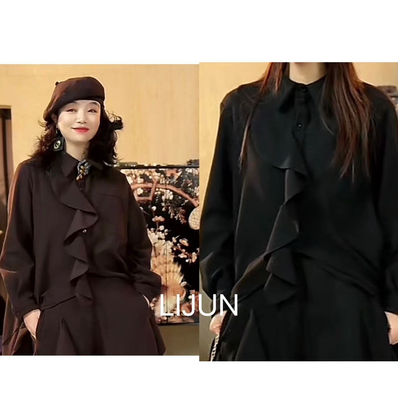 篱君2226秋冬新款设计师针织呢衬衫时尚气质百搭款宽松长袖衬衫