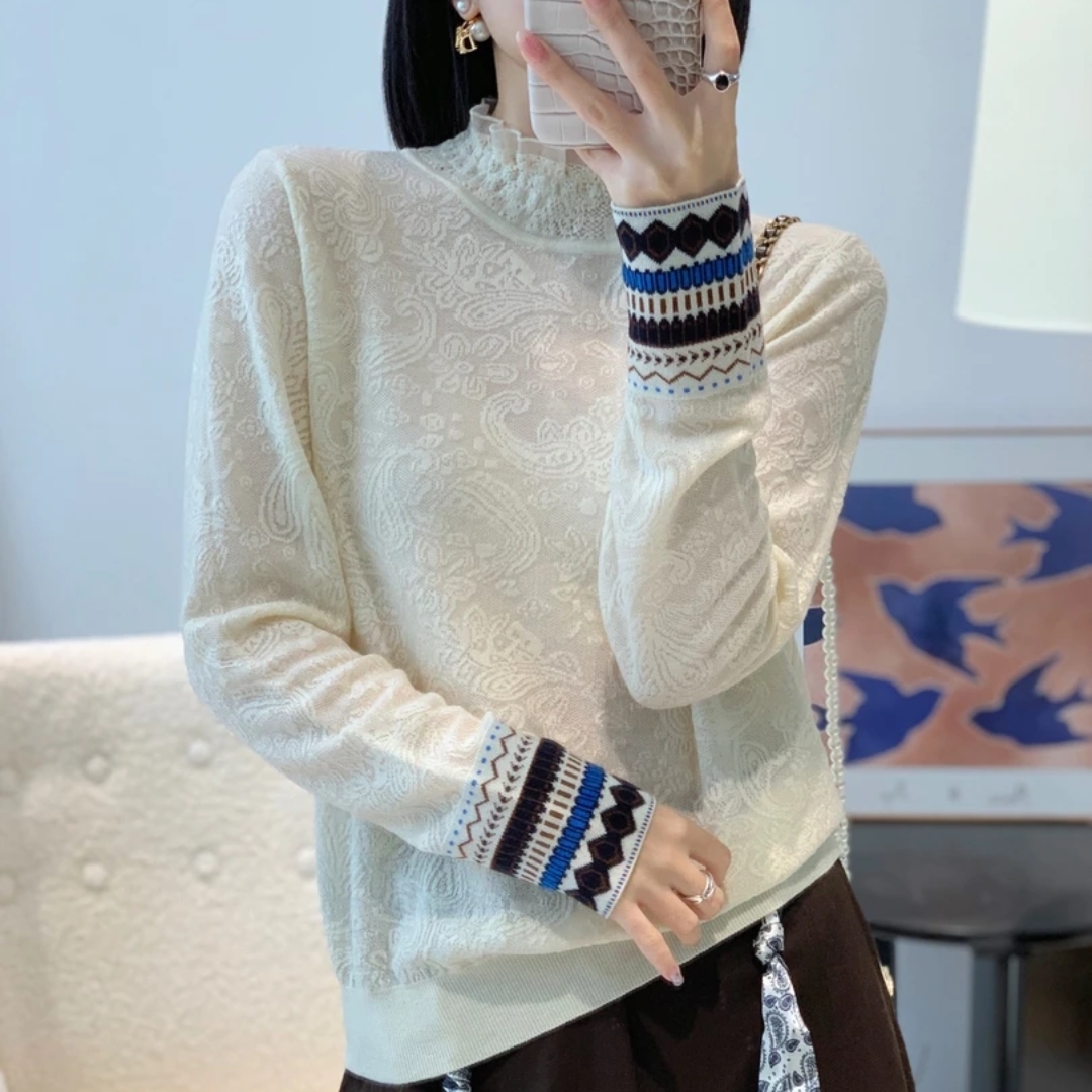 长袖撞色打底衫秋冬针织套头款蕾丝时尚百搭半高领宽松内搭上衣