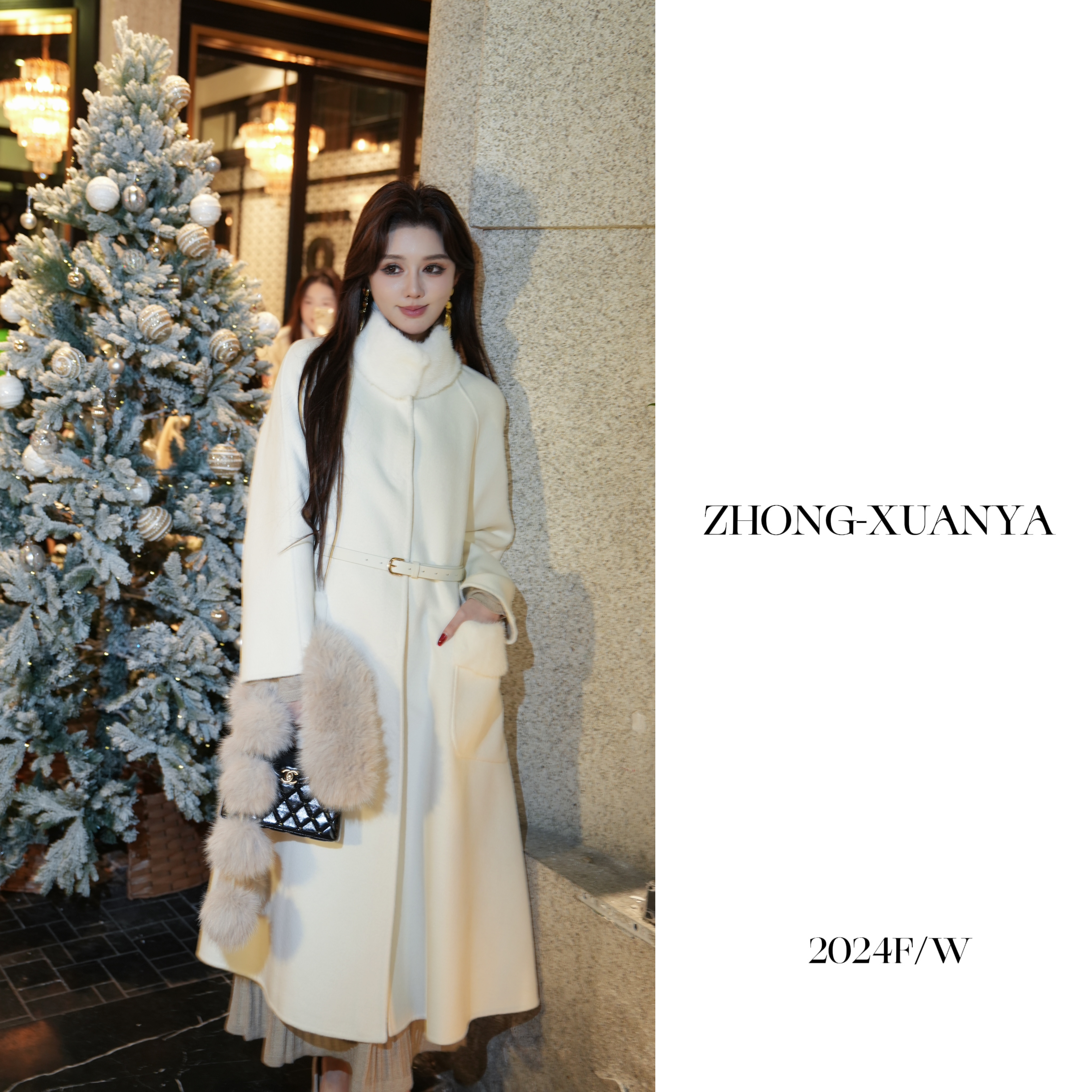 秀场款长款100%兔绒冬季毛呢大衣外套进口水貂毛领-2506