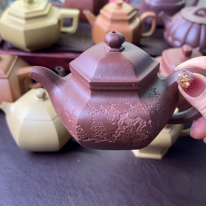 紫砂茶壶紫泥六方仿古微瑕