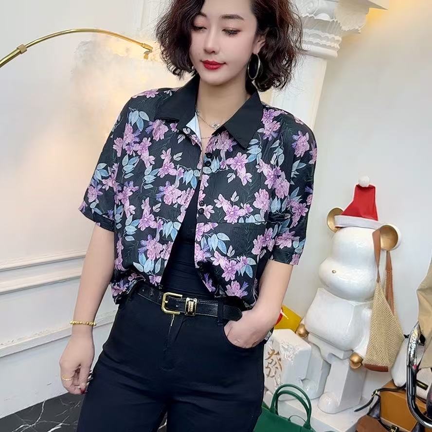 春秋修身女衬衫外穿潮流韩版洋气碎花美式短款衬衣C25 31927