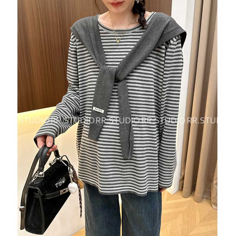 瑞瑞家孕妇装新款韩版减龄条纹长袖T恤两件套披肩针织上衣DY2417