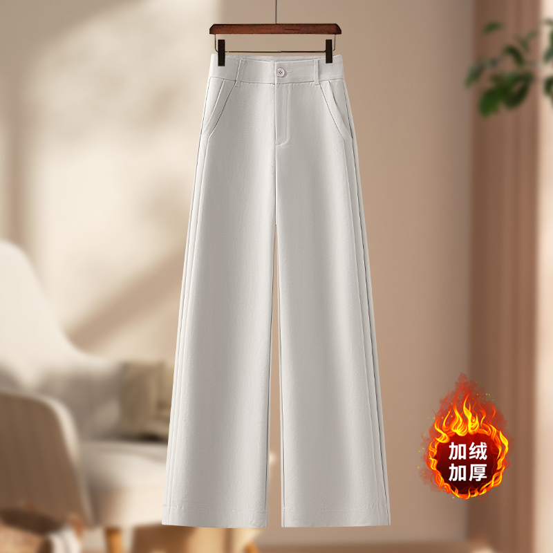 雅鹿米白色加绒直筒裤女2025新款秋冬季时尚百搭休闲阔腿裤子加厚