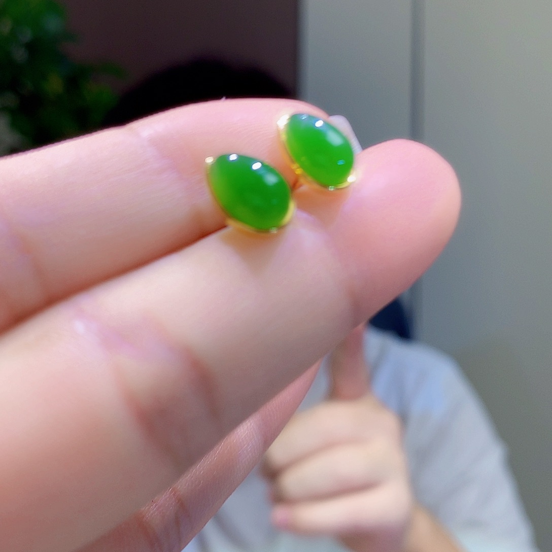 和田玉（碧玉）银S925镀金镶嵌耳饰