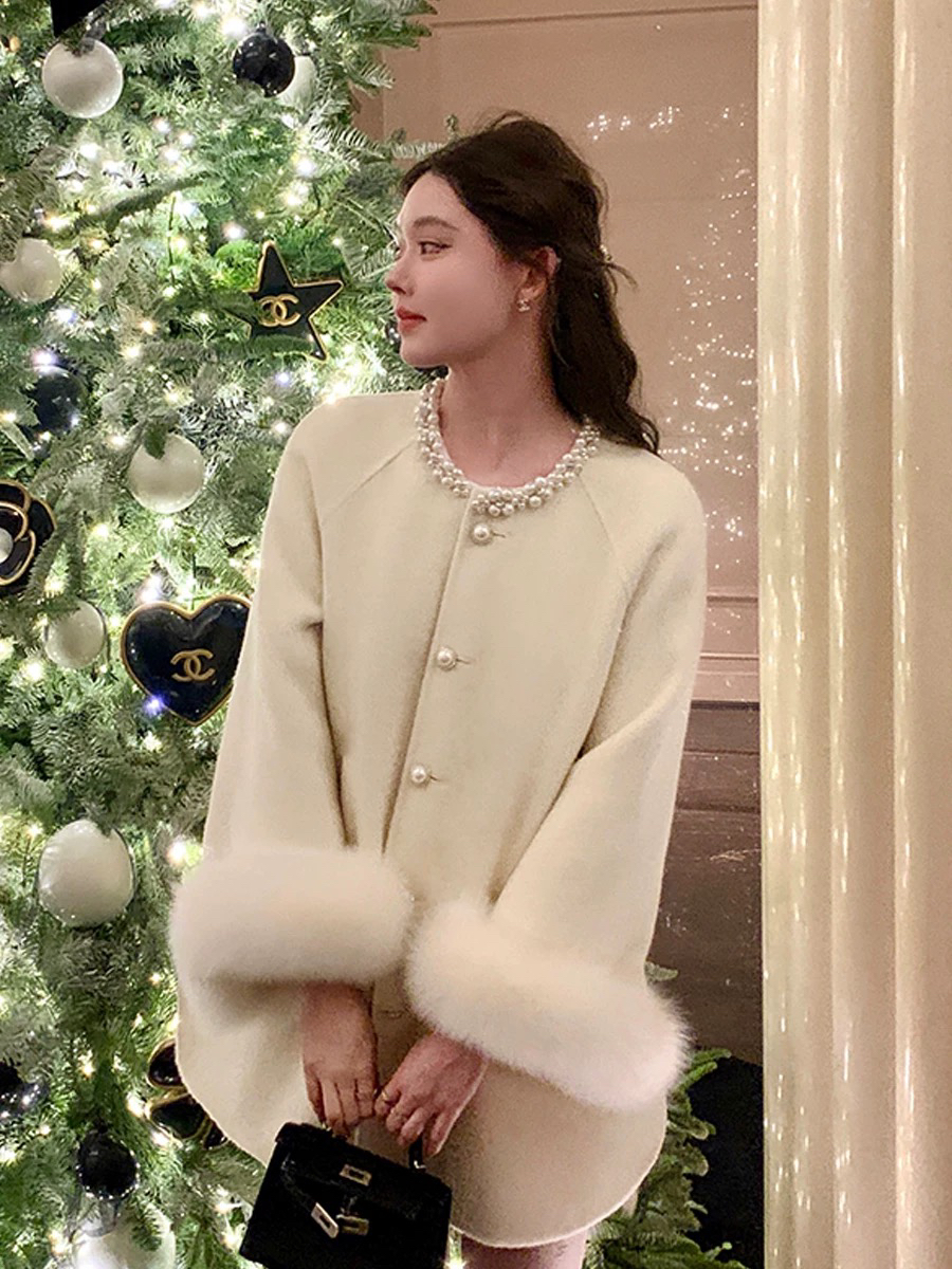 狐狸毛羊毛大衣女小香风双面呢富家千金外套