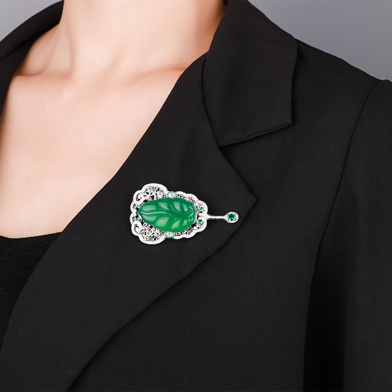 铜胸针 树叶银镶嵌精美玉石饰品高档轻奢