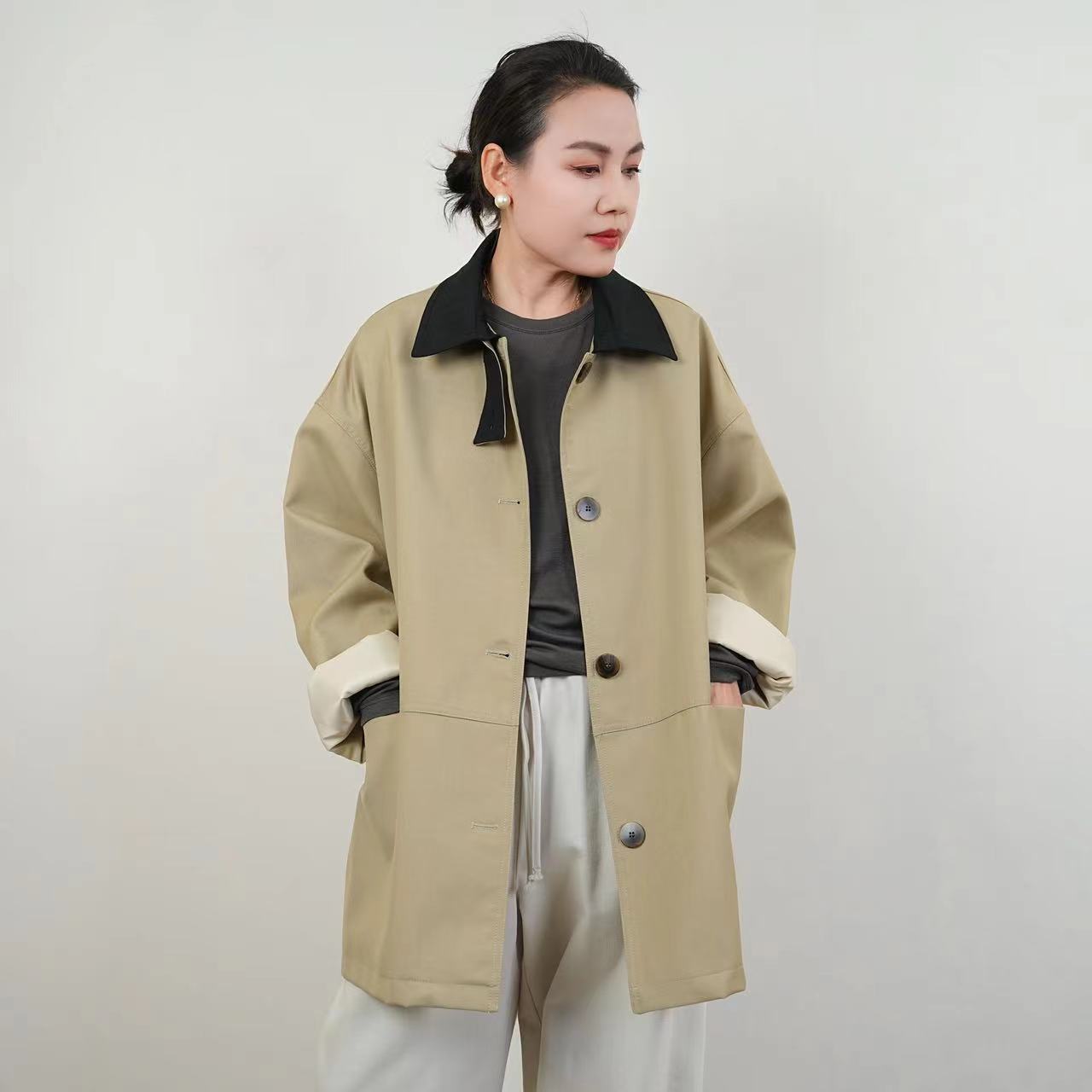【0832】风衣~复古撞色miu系廓形宽松拼接领大口袋短款风衣外套女