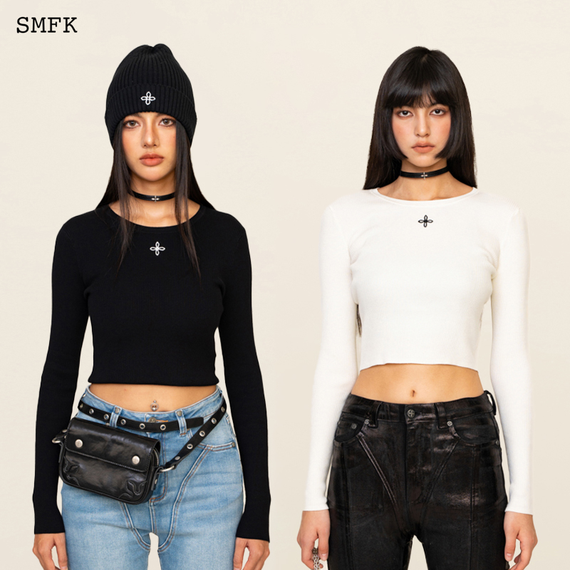 SMFK十字花螺纹针织衫 ULS05B2 白鹿同款遮阳修身百搭打底上衣