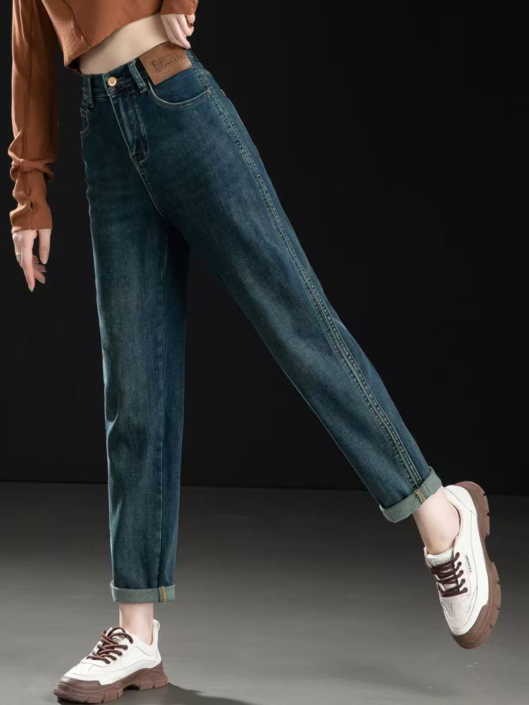 6822#撞色口袋牛仔裤新款复古宽松高腰显瘦哈伦老爹裤子