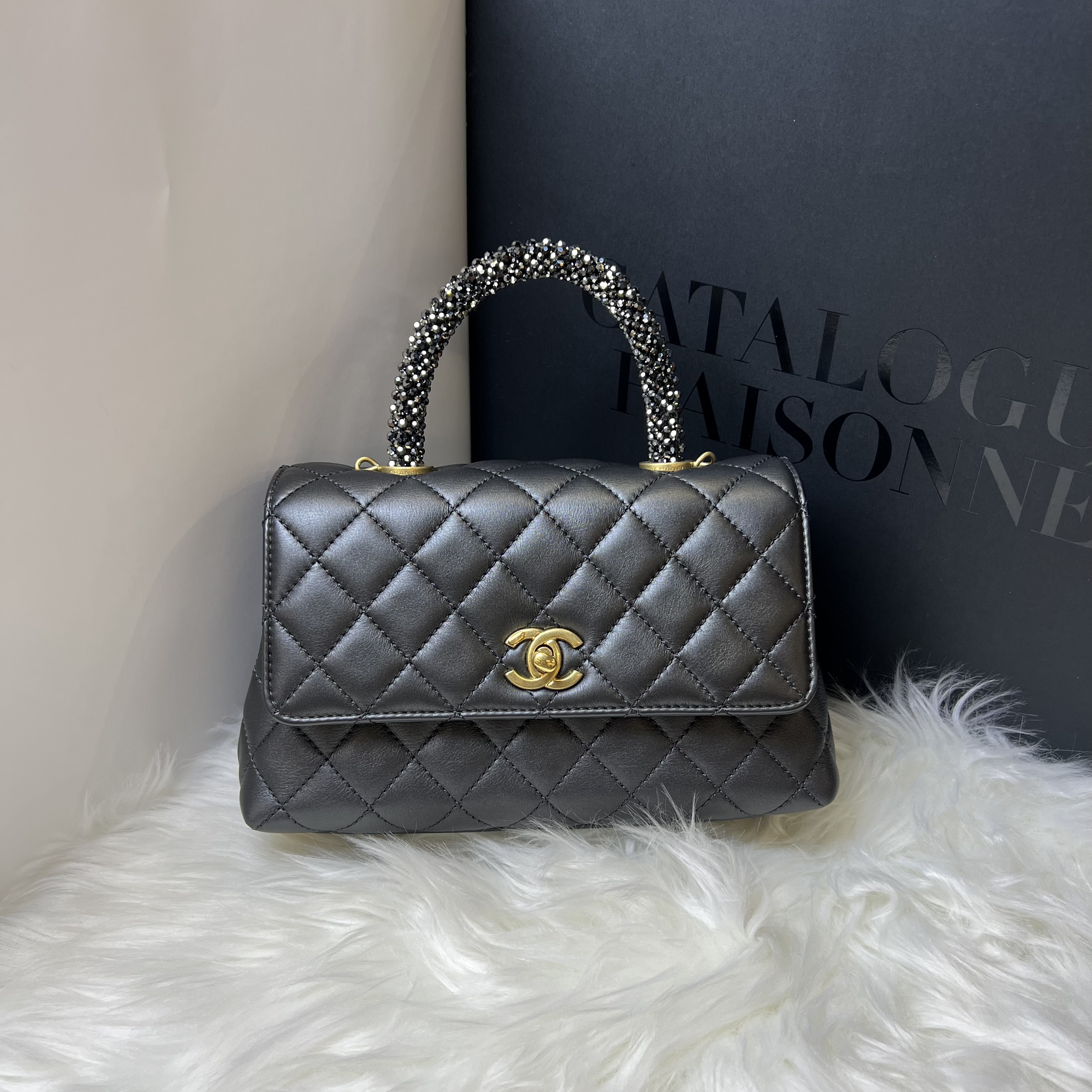 99新 Chanel/香奈儿 21A深银灰金扣水钻手柄coco handle小号