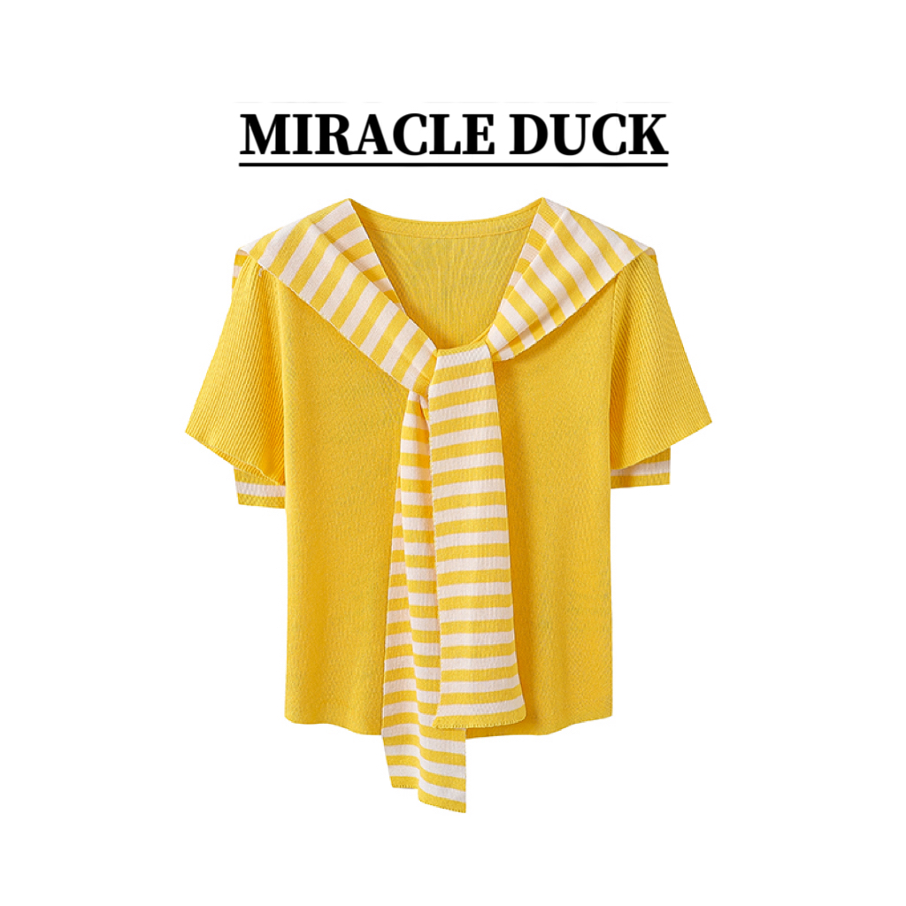 【海军领】 夏季透气海军领撞色条纹拼接真两件短袖针织衫女C1591