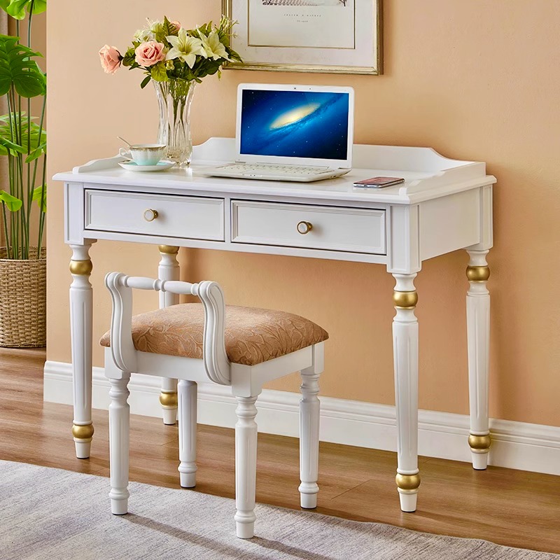 美式实木白色书桌简约小户型房间家用写字台卧室书房办公桌电脑桌