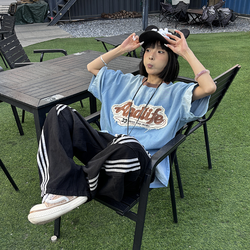【ONCE】ANDLIFE 品牌潮牌基础logo重磅刺绣牛仔个性小众男女短袖t