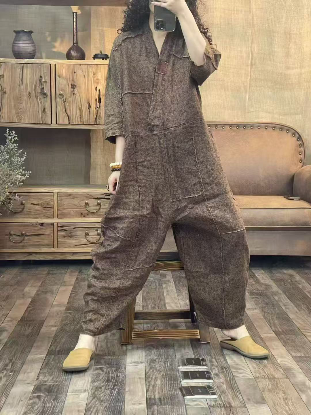 拼接工装灯笼裤文艺常规连体裤薄款裤子复古直筒裤