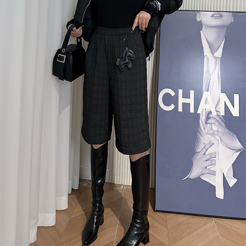 Dan Dan 黑色格纹压线棋盘裤女 夹棉时尚五分裤子