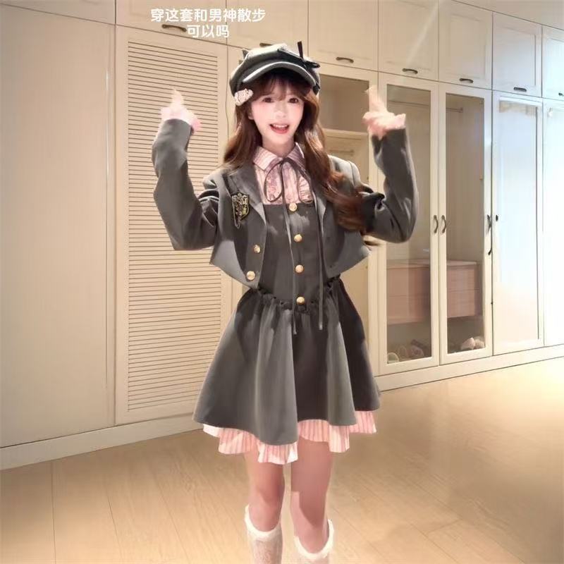 【秋季新品】韩版少女学院风外套英伦风收腰连衣裙两件套显瘦套装