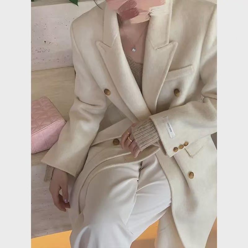601-800 厚款老钱风轻奢长款保暖秋冬小个子白色毛呢外套西装