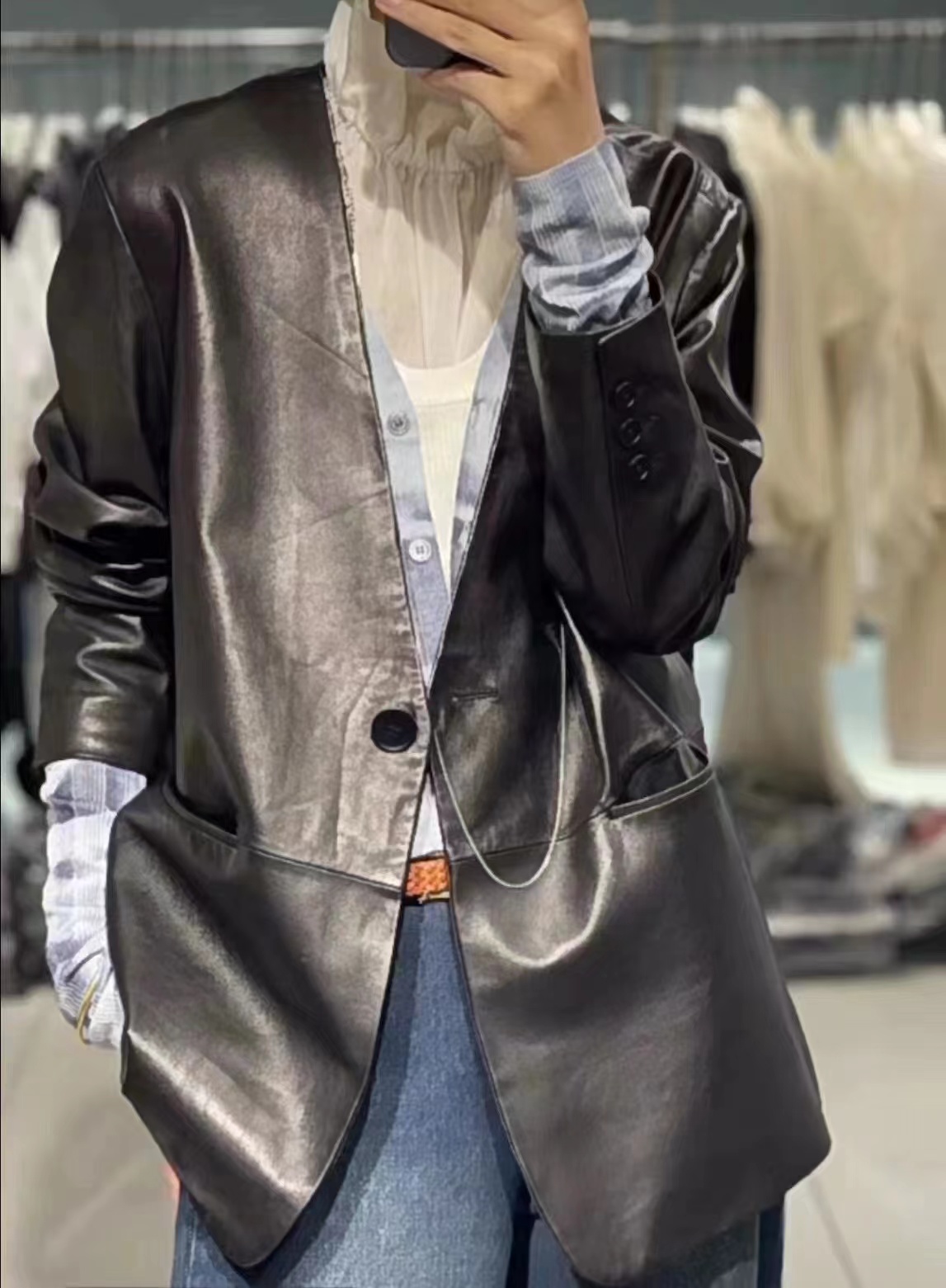 进口绵羊皮中长款宽松型复古钱风机车皮衣气质时尚皮衣外套女