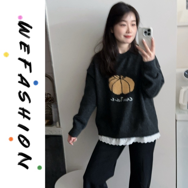 【WE】蕾丝拼接卡通南瓜软糯圆领毛衣