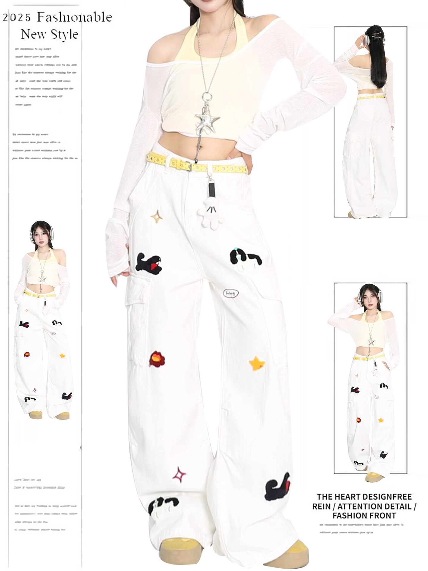 小狗刺绣工装裤女夏季2025美式复古新款宽松休闲直筒阔腿裤拖地裤