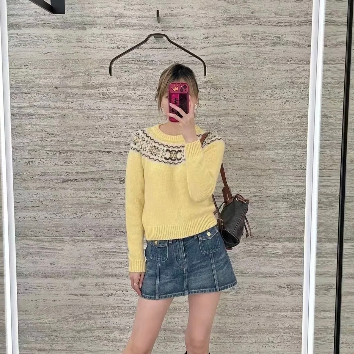 99新 Celine/思琳 1l086 24秋冬 圆领套头长袖黄色毛衣 s码 