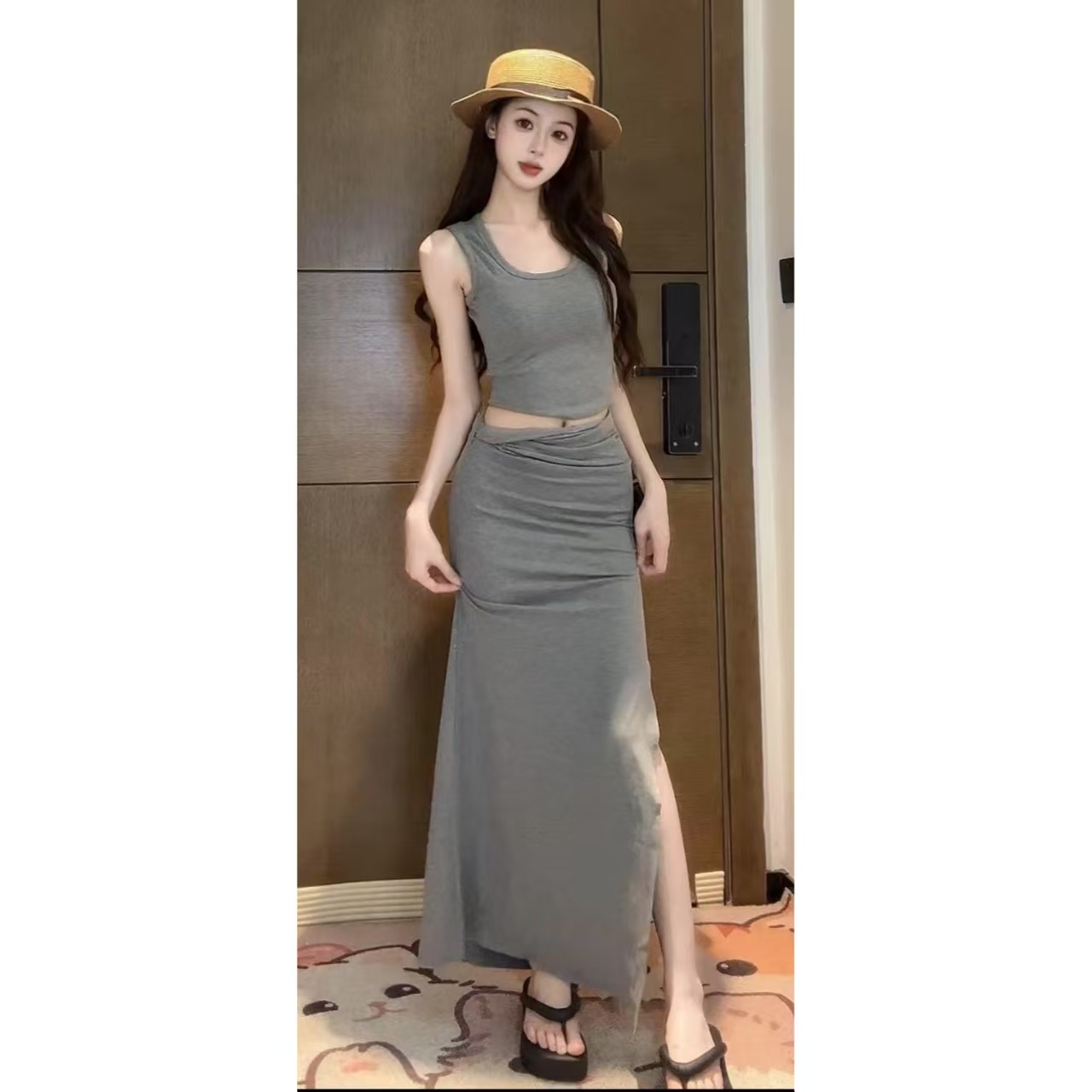 【XIAOBAWANG】辣妹风套装女时尚背心上衣包臀开叉半身裙两件套T