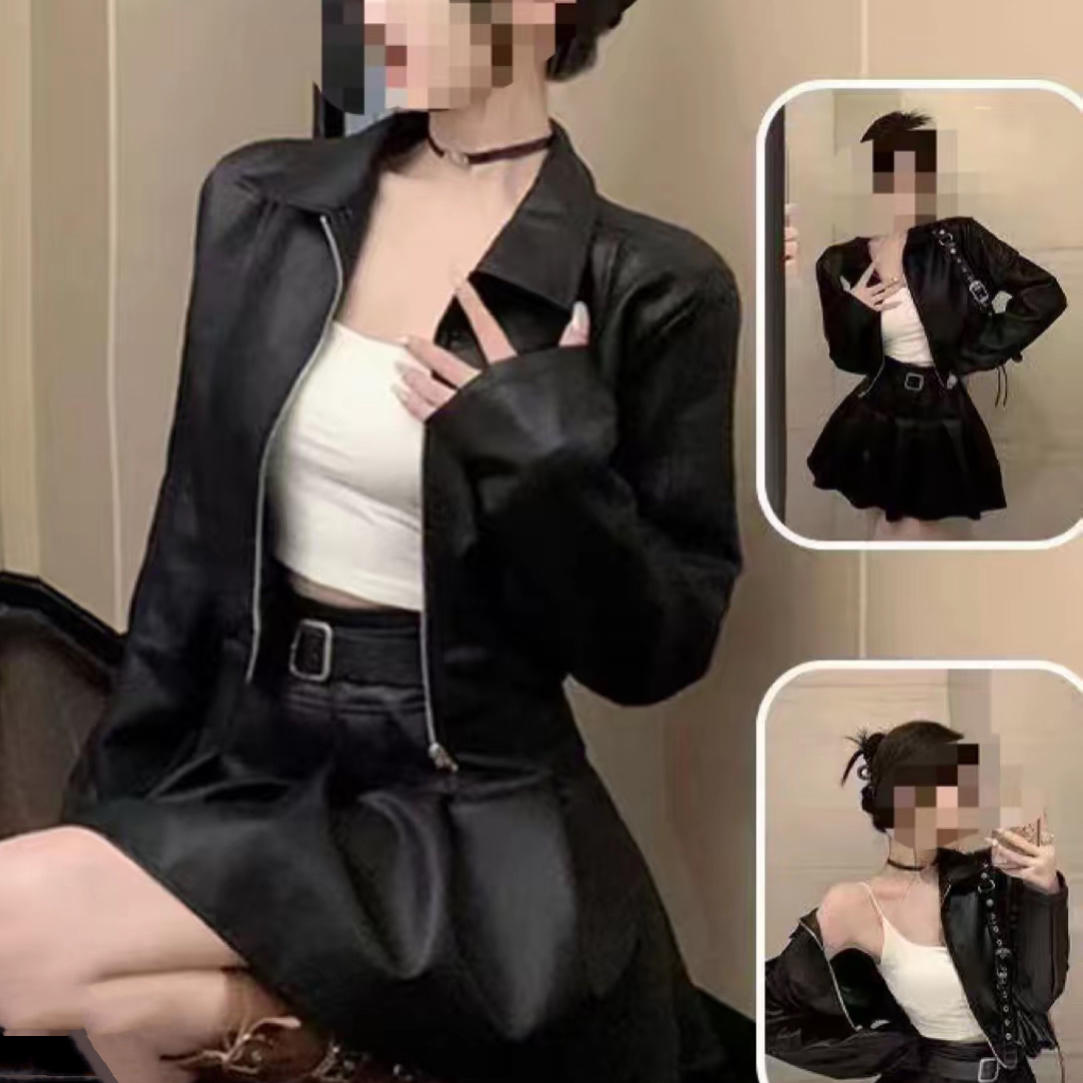 大码黑色短款衣外套秋季新款高级感机车服皮夹克8727（不带腰带）