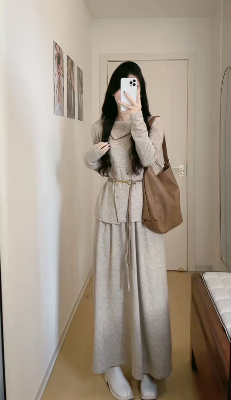 AN.XIN【伦敦学院】韩系小众慵懒套装 翻领加厚上衣+半身裙0776