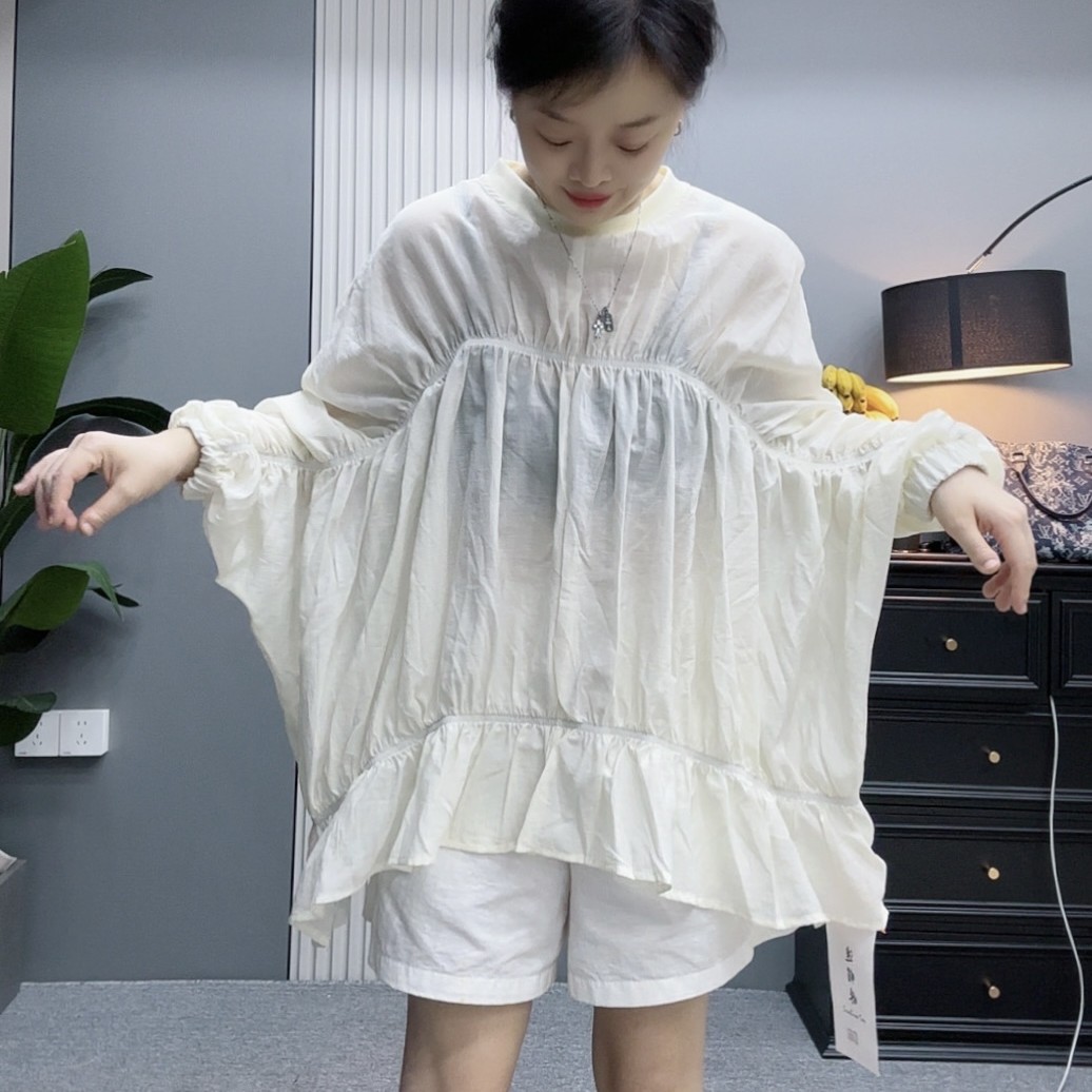 双双韩版宽松褶皱蝙蝠袖防晒衬衫女新款夏季薄款透气休闲百搭上衣