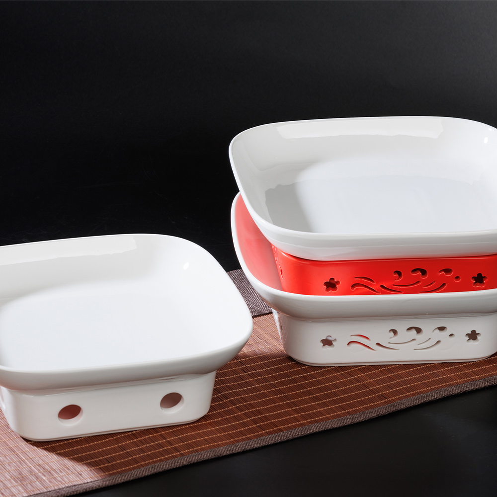 简约祥云四方形创意白瓷加热保温明炉餐盘酒店饭店家用餐具方盘