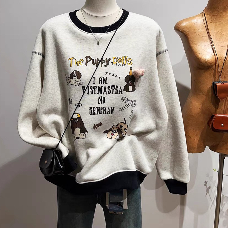 邹先森34145-30卡通小狗圆领套头加绒加厚韩版宽松慵懒风冬卫衣