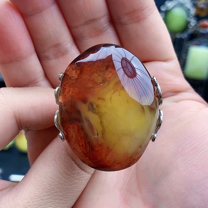 琥珀裸石银S925镶嵌戒指