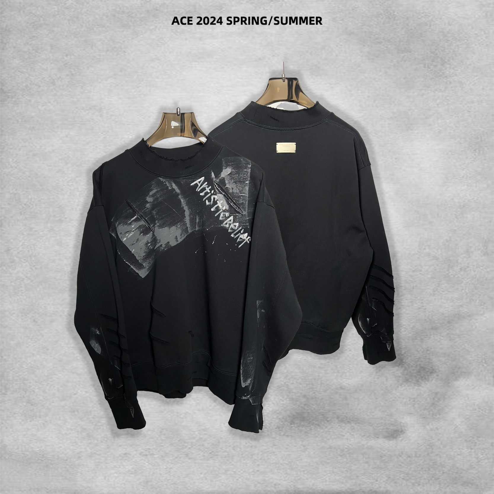 【冷目、潮物质】设计师风格 手绘款领口磨破 全身切割  圆领卫衣