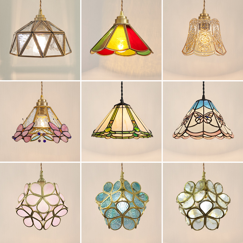 美式经典复古全铜小吊灯彩色玻璃餐厅吧台灯床头玄关阳台法式灯具