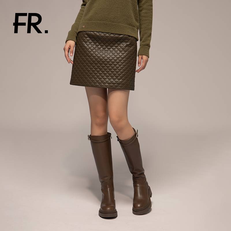 凡人优品女士时尚复古格纹秋冬夹棉皮裙S661S