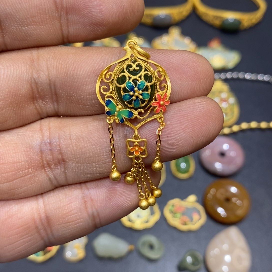 和田玉颈饰银S925镀金镶嵌