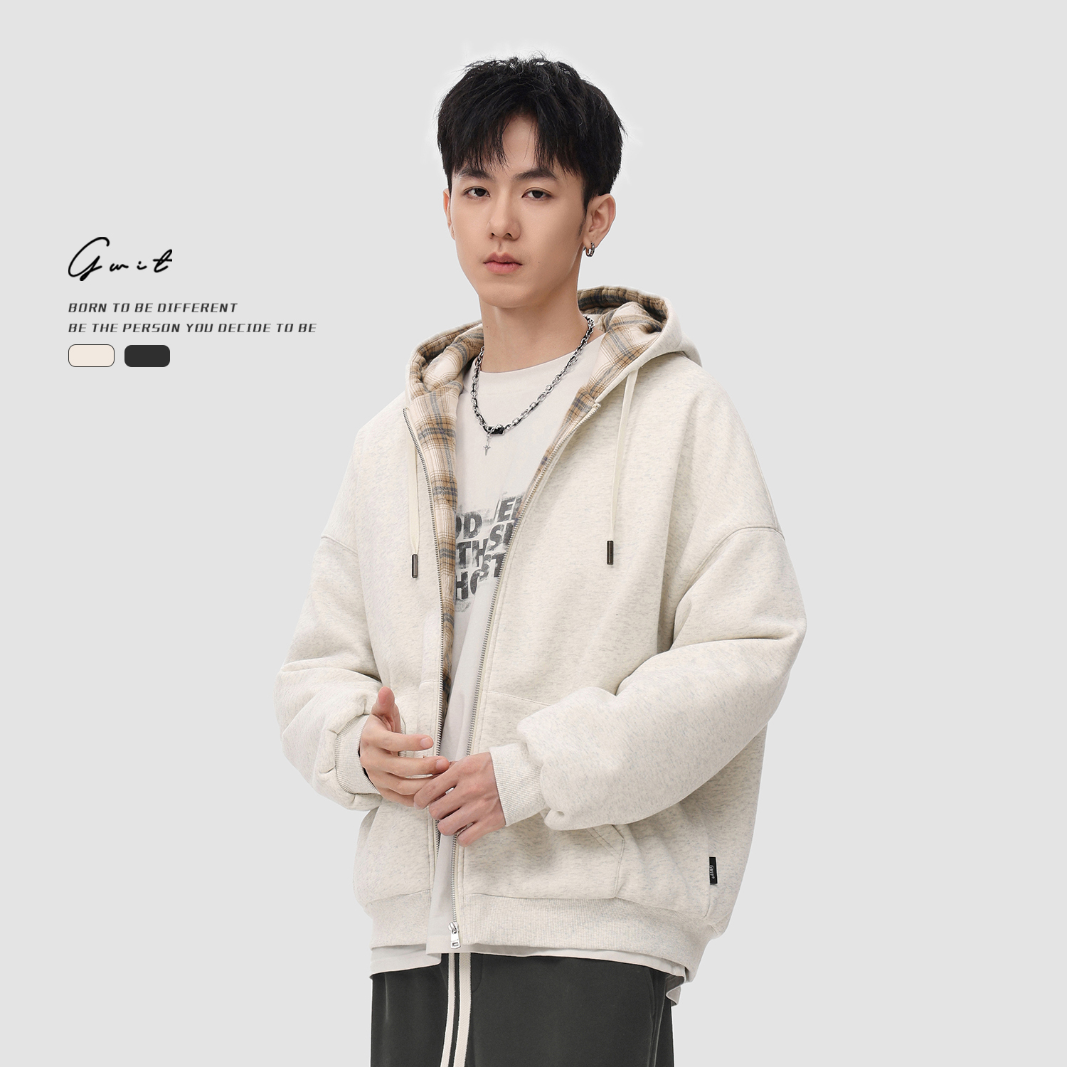 GWIT 冬季重磅保暖帽衫加棉开衫上衣连帽外套棉服加厚夹棉卫衣男