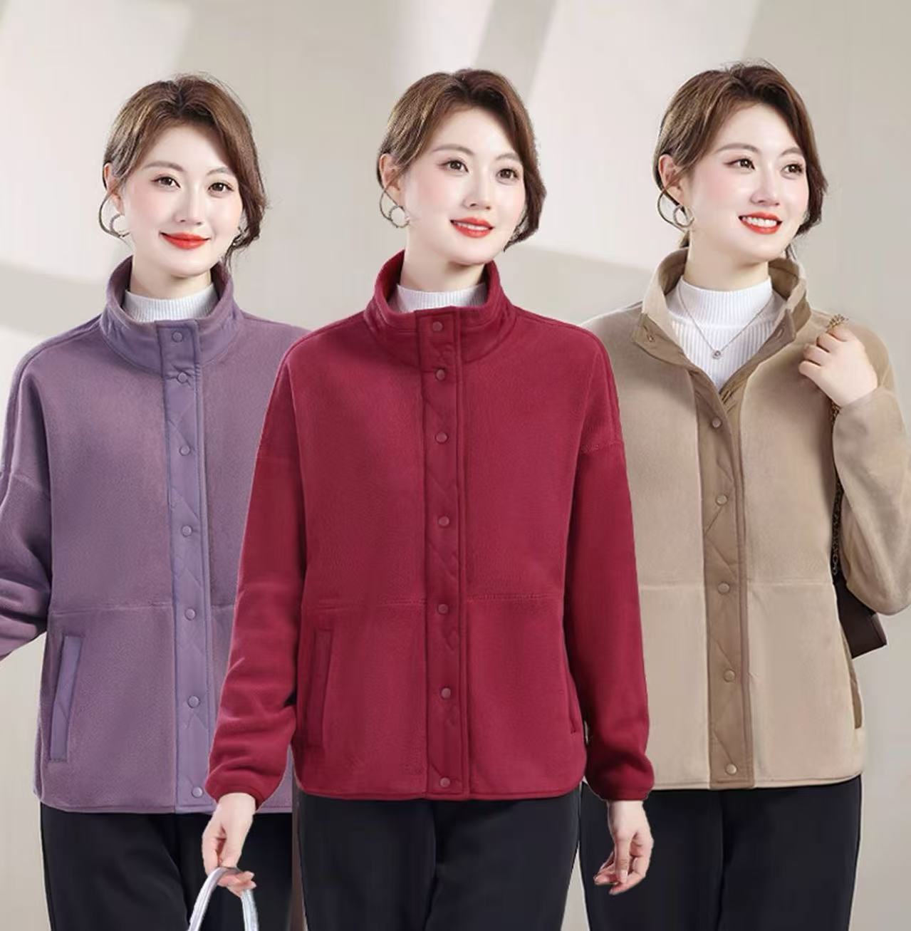2025秋冬新款纯色加绒加厚中老年女装立领休闲保暖妈妈外套