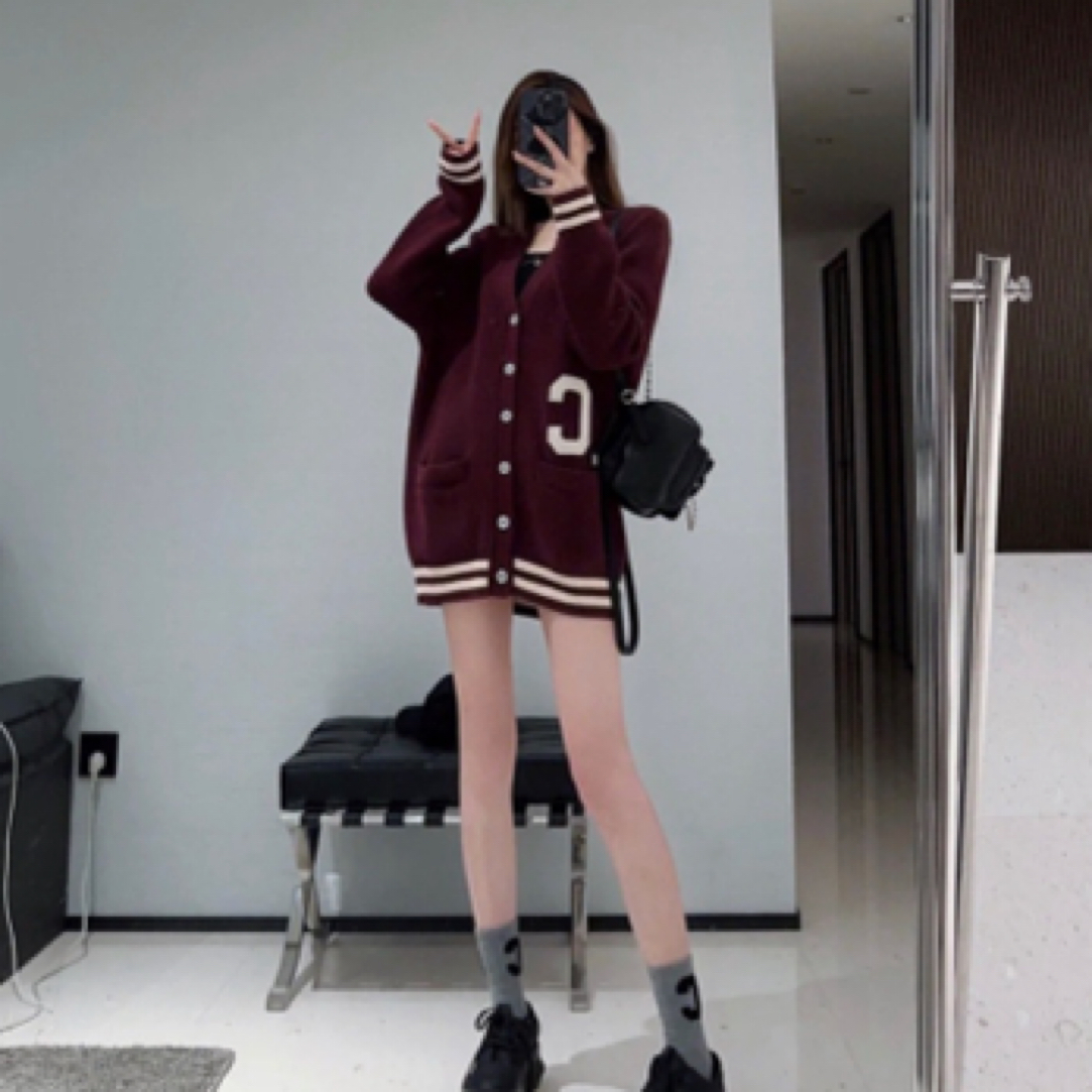 未使用 Celine/思琳 W108797/酒红色针织棒球服外套/尺码L/