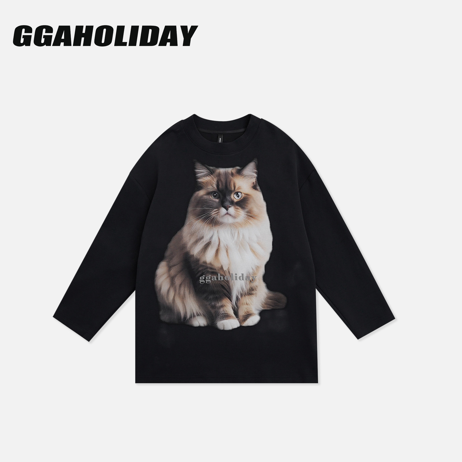 【上新】GGAHOLIDAY休闲宽松美式复古百搭个性印花黑色长袖T-153249