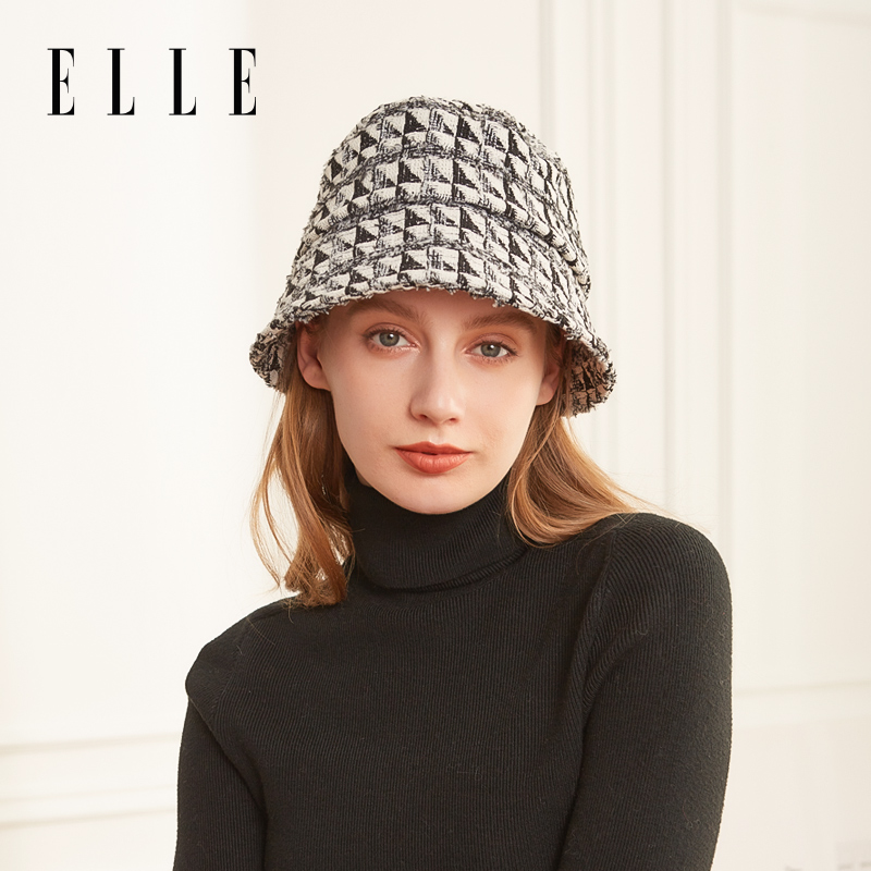 ELLE帽子女秋冬法式经典花呢加厚时尚不规则帽檐水桶帽20WE13003