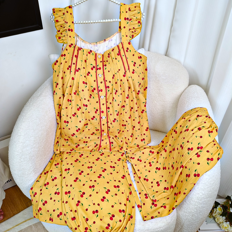 女大学生睡衣爆款2025新款满印小樱桃小飞袖三件套宽松休闲家居服
