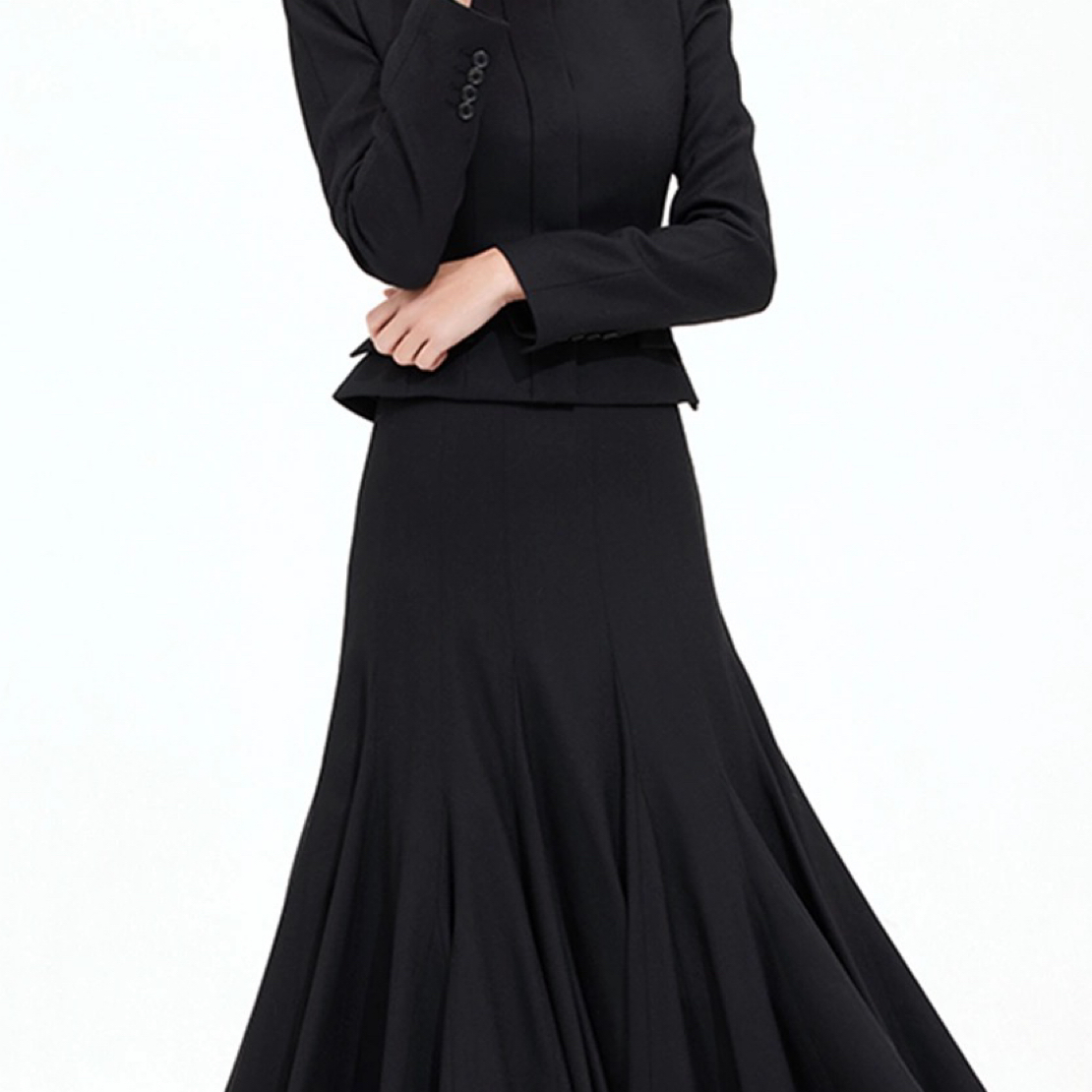 收腰显瘦气质大摆裙高端黑色包臀裙子套装两件套秋冬款王*然同款