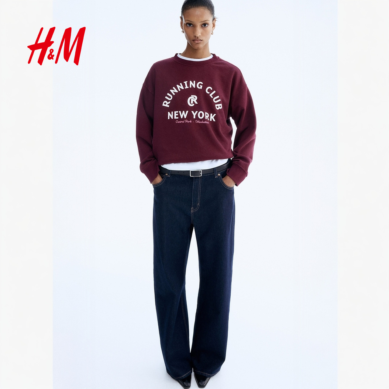 HM女装2026春季新款卫衣慵懒风红色保暖印花美式套头衫1267555