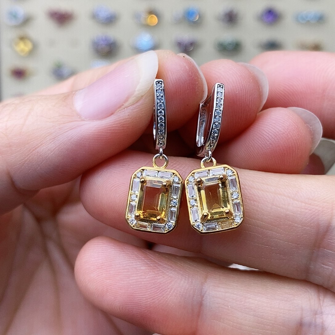 黄晶耳环银S925镶嵌需要证书备注