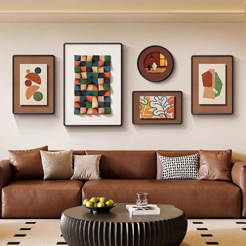 中古风彩色客厅装饰画法式抽象五联组合挂画多巴胺沙发背景墙壁画
