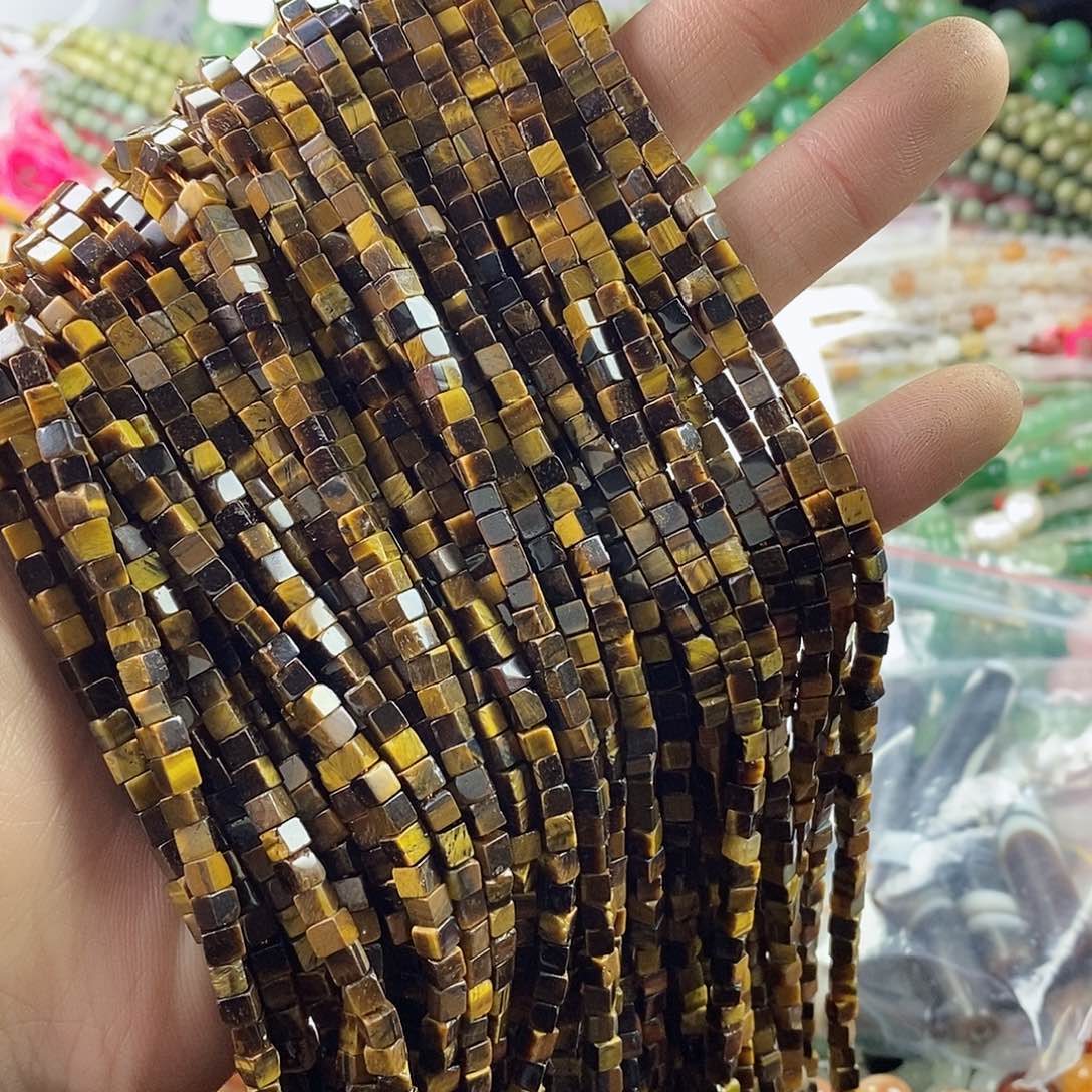 玛瑙/玉髓珠宝半成品合金一条天然3.5mm黄虎眼石方糖